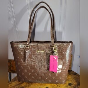 Betsey Johnson Brown Crocodile Embossed large Tote w/skull charm